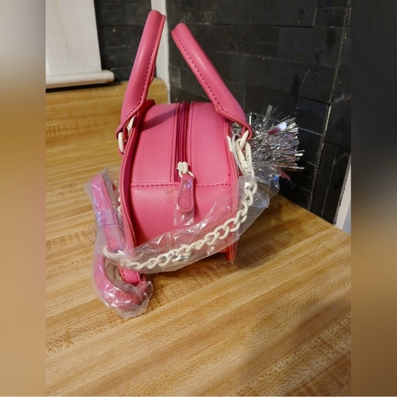 Betsey Johnson NWT Pink Footbal Tote/ Crossbody W/Silver Pom Pom Bag Charm - Picture 5 of 5